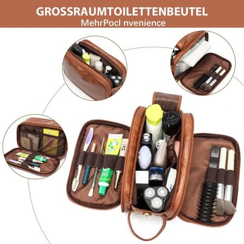 Kulturbeutel Leder Kosmetiktasche Herren Kulturtasche Badetasche Schminktasche - Bild 4 von 19
