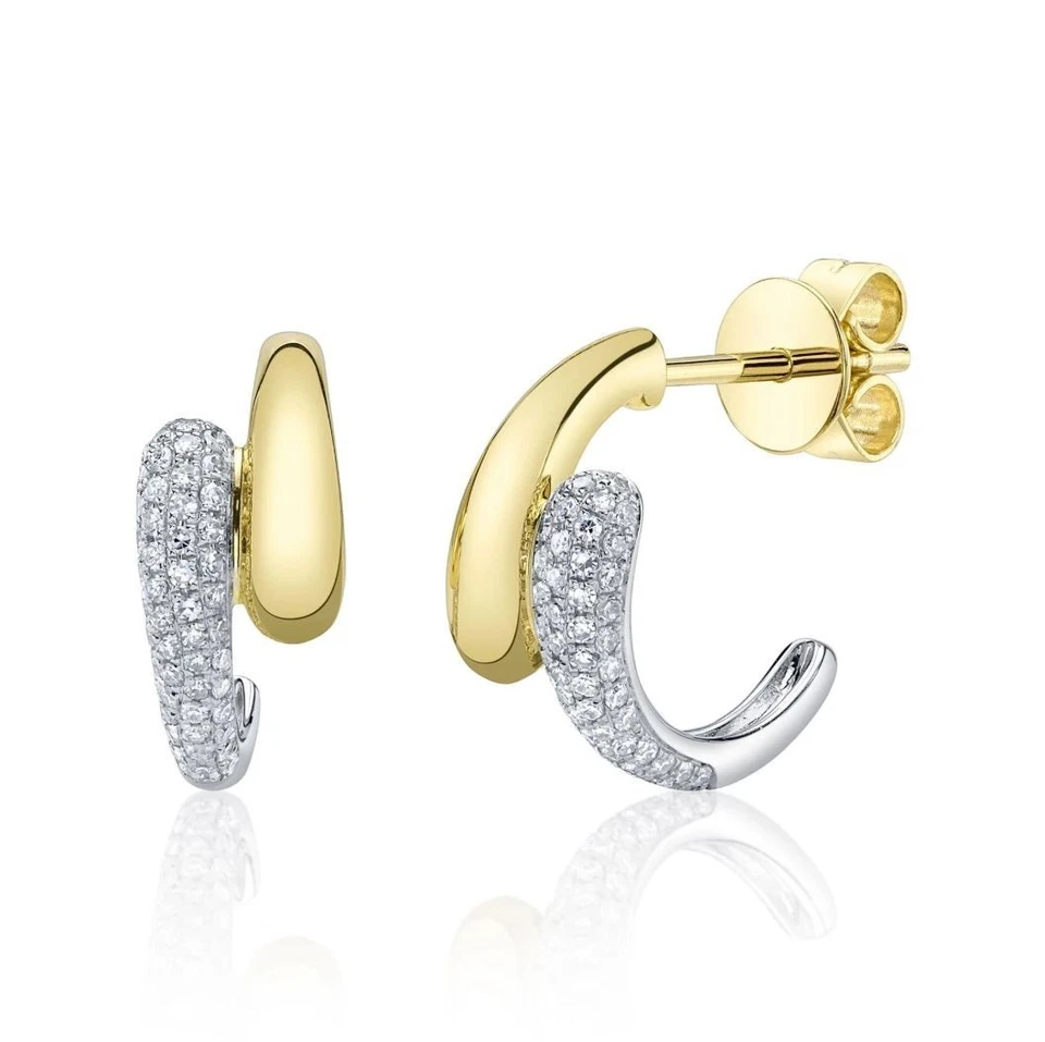 Diamond Huggie Earrings 14K Two Tone Gold Pave Set Claw Semi Huggies Natural - Image 2 of 3