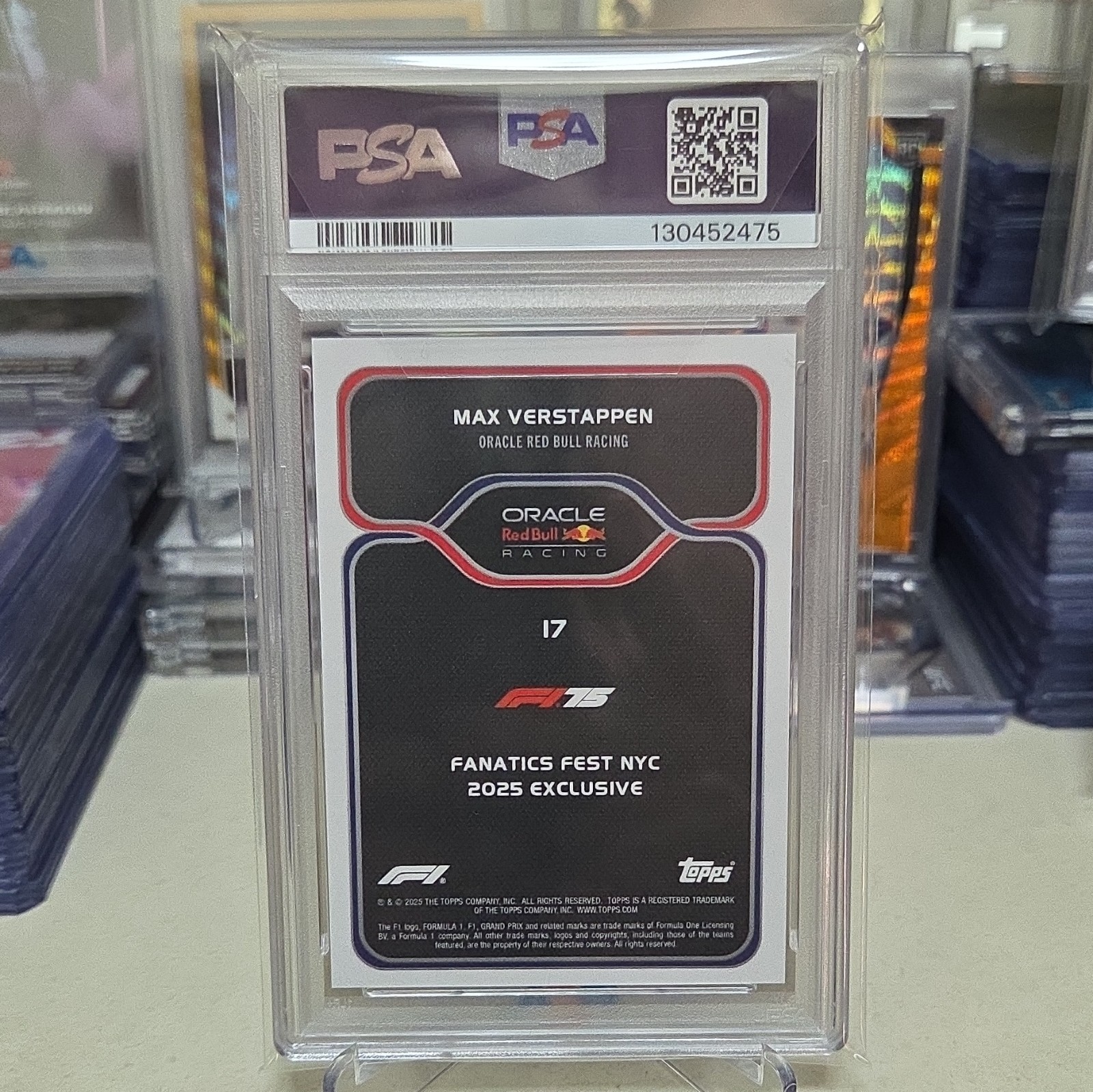 Topps 2025 F1 Fanatics Fest NYC Max Verstappen #17 NY Slice Orange 12/25 PSA 9 view 2