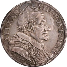 ITALY PAPAL STATES ALEXANDER VIII 1690 TESTONE SILVER COIN, PCGS CERTIFIED AU-58