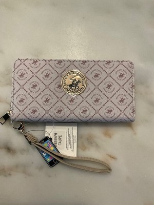 Beverly Hills Polo Club Signature Ivory Cream Zip Wallet Logo Emblem Wrist Strap