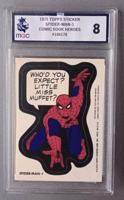 1975 TOPPS MARVEL COMIC BOOK HEROES STICKER AMAZING SPIDER MAN #1 GRADED 8