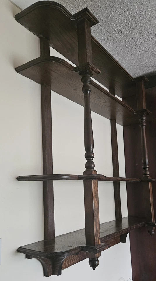 Antique-Style Wall Display Shelf –Dark Wood, Turned Supports, Three-Tier Shelves - Image 2 of 3