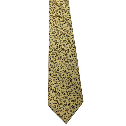 HERMES 5391 OA Men's Silk XL Necktie FRANCE Luxury ANIMALS Yellow/Blue EUC Rare - Picture 2 of 4