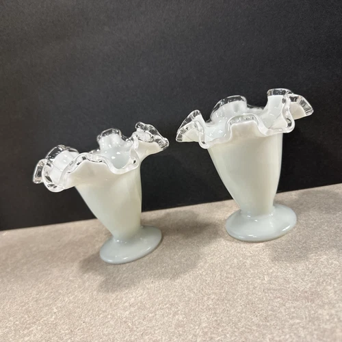 Lot Of 2 Vtg 4”Fenton? Unmarked Milk Glass Ribbon Edge Compote Pedestal
