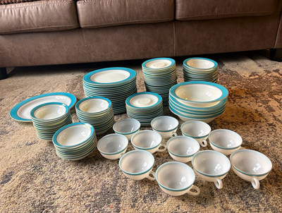 PYREX turquoise Band Gold Trim Glass Dinner Set Plates Bowls Cups Saucers USA