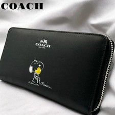 COACH x PEANUTS Long Wallet Snoopy Woodstock Leather Zip Black New F/S  A
