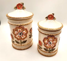 Canister Set Japan Sears 1973 Needlepoint pattern RETRO Orange Brown Weave 2 pcs