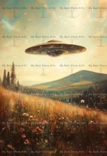 RETRO UFO OVER MEADOW ART PRINT, Vintage Sci-Fi Landscape Poster, Fantasy E115