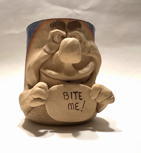Stoneware 3D Coffee Mug Funny Face "Bite Me" 1990s Vintage
