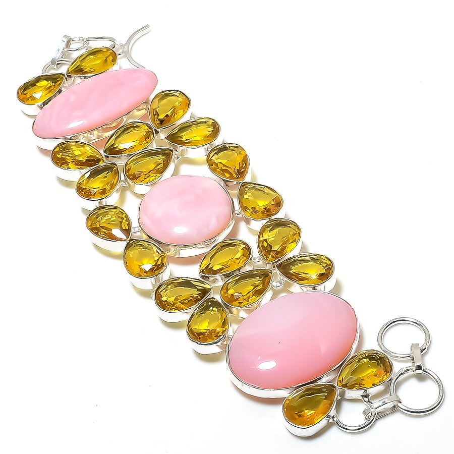 Pink Opal Citrine Gemstone Handmade 925 Sterling Silver Bracelet 7-8 Inches Q634-image