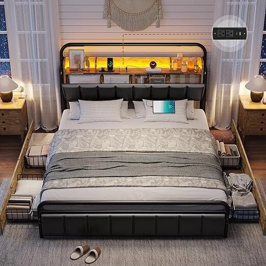Queen Bed Frame with Hidden Storage Headboard LED 4 Drawers Charging Station