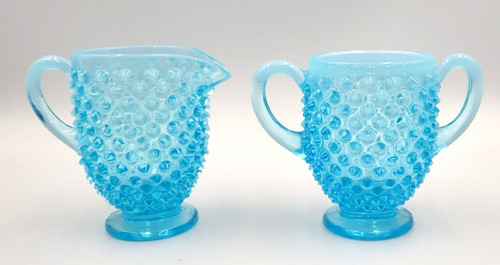 Vintage Fenton Art Glass Blue Opalescent Hobnail Creamer And Open Sugar Bowl Set