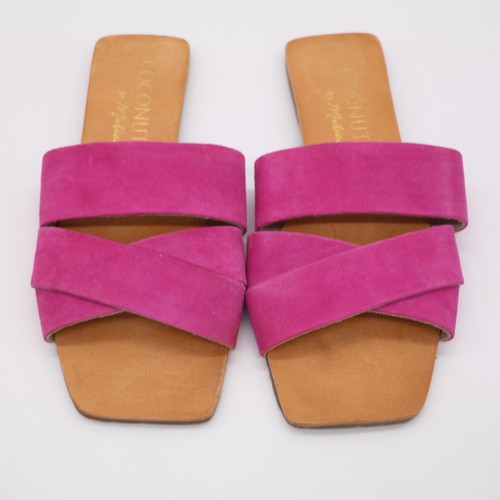 COCONUTS by MATISSE SYLAS FUSCHIA LEATHER SLIDES SLIP ON SANDALS FLATS SHOES - Picture 2 of 3