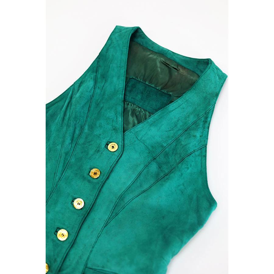 Used Womens 90s JEAN CLAUDE JITROIS Suede Leather Vest Size S 相当 古着 JITROIS Woman's Ladies Vest Green Suede Leather button 90s