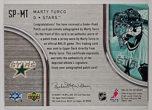 MARTY TURCO 2005-06 UD The Cup Signature Patch On-Card Auto 58/75 Dallas Stars - Picture 2 of 2