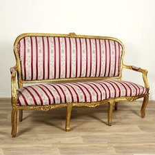 Divano Antico 3 posti stile Luigi XV in legno dorato oro grande Divanetto Sofà