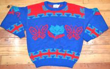 Vintage College Point Butterfly  Flowers Sweater 80s Made In U.S.A Blue Size L