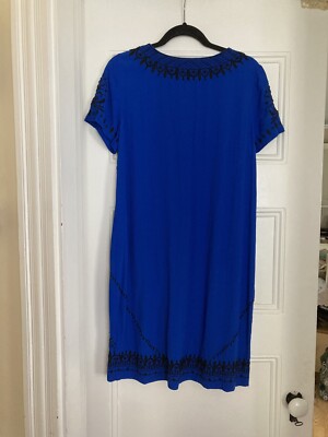 Lucky Brand Blue Black Embroidered Beaded Boho Shift Dress Size small | eBay
