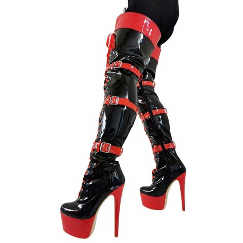 Damen Overknee Stiefel High Heels Plateau Multi Schnalle Lang Stiefel Schuhe Club - Bild 2 von 7