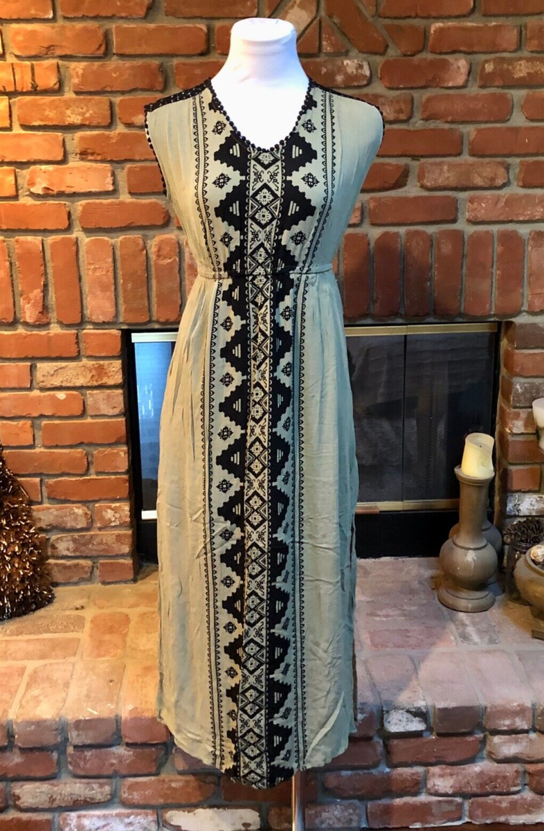 Vintage BoHo HIPPIE CHIC S Moss Green Black Maxi Empire Waist Long Dress |  eBay