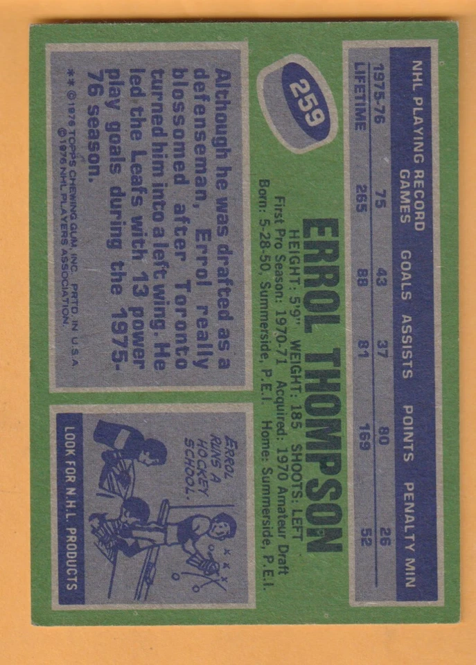 Errol Thompson Toronto Maple Leafs 1976-77 Topps #259 - Image 2 of 2