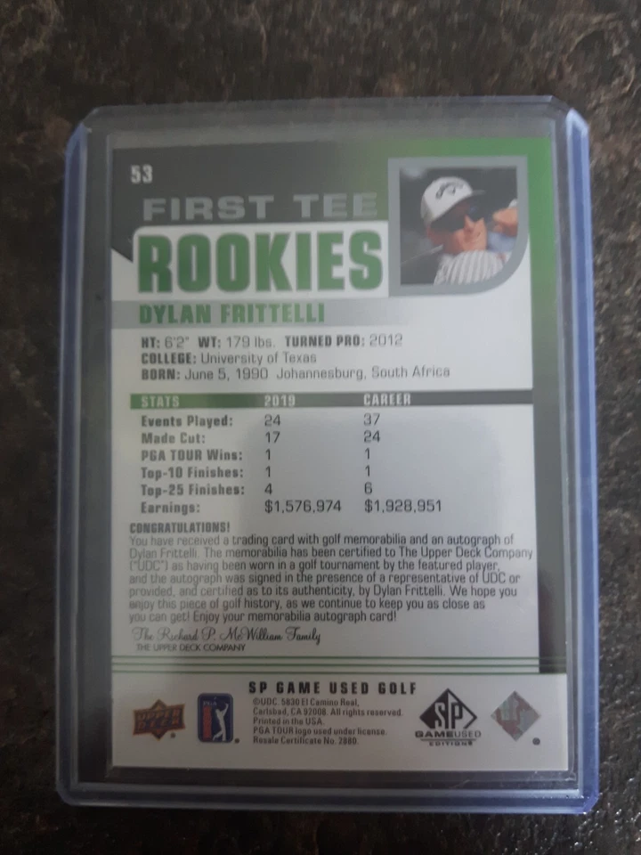 2021 SP Game Used Golf First Tee Rookies Auto Relic 155/499 Dylan Frittelli 53 - Image 2 of 2