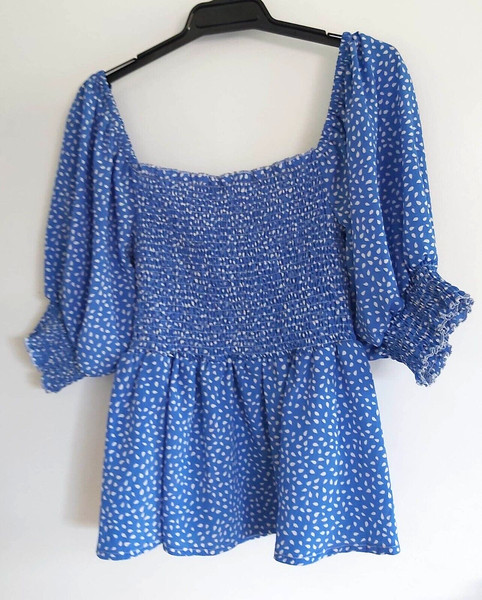 Ladies Shirred On/Off Shoulder Blue & White Top sz 14 by MINX & MOSS