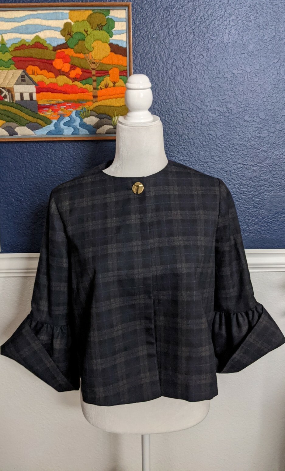 Zara Basic Collection Blue Plaid Bell Sleeve Jack… - image 1