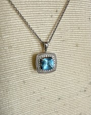 Sterling Silver Blue Topaz Square Pendant Cha...