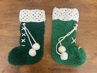 2 Vintage Crocheted Handmade Granny Square Christmas Stockings w/ Pom Poms 13 