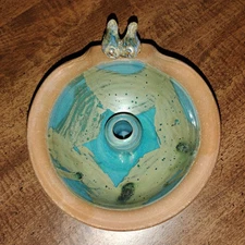 Beautiful OOAK Handmade Art Pottery Incense Stick Burner. Blues, Greens W Birds