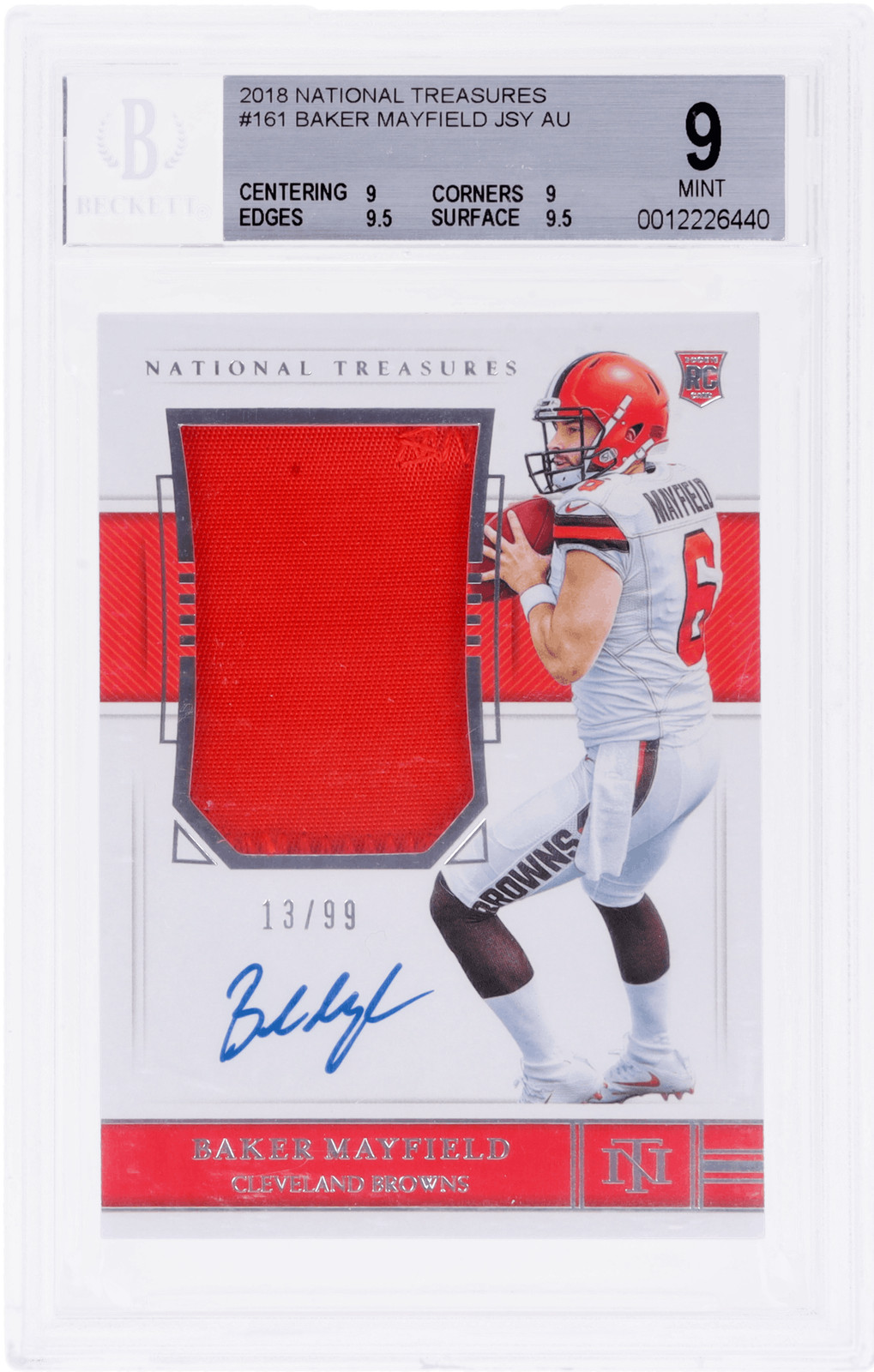 2018 National Treasures Baker Mayfield Rookie Patch Auto #161 /99 BGS 9/10 RC