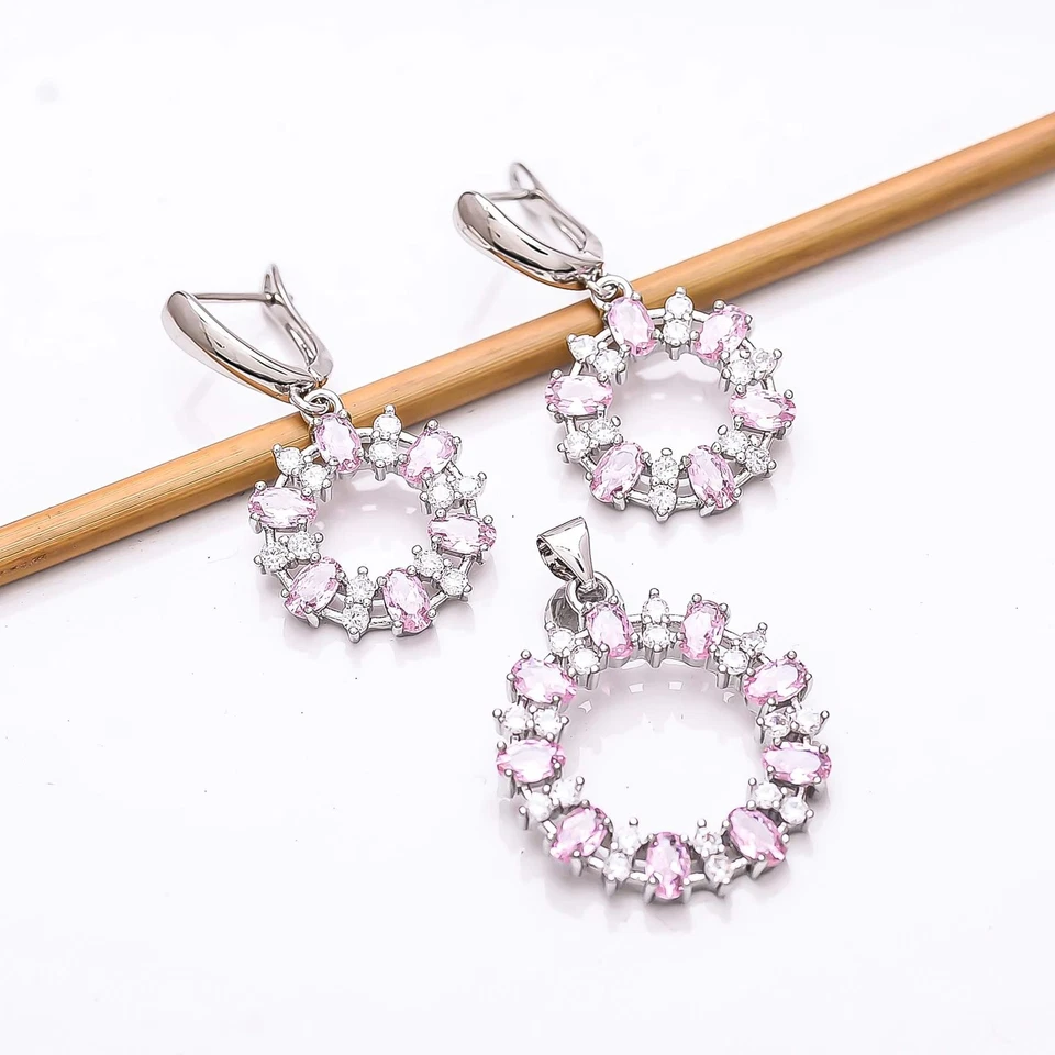 Rosa Saphir - simuliert, CZ 925 Silber Anhänger Ohrring Set P5, Weihnachtsgeschenk