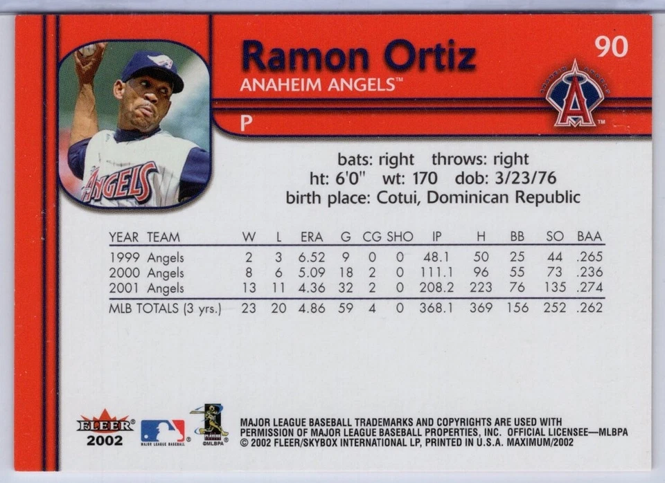 2002 Fleer Maximum To The Max #90 Ramon Ortiz #'d 061/135 - Image 2 of 2