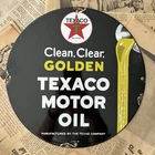 VINTAGE 1948 TEXACO MOTOR OIL CLEAN CLEAR GOLDEN 12 INCH PORCELAIN ENAMEL SIGN