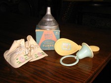 4 pc. Vtg. set Infants Wool Baby Booties Brush Rattle Binky's Funnel signed