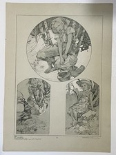 ESTAMPE ANCIENNE FIGURES DÉCORATIVES PLANCHE 35 ALPHONSE MUCHA CIRCA 1900