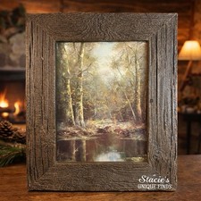Rustic Bark Wood Frame Woodland River Print Cabin Lodge Wall Art
