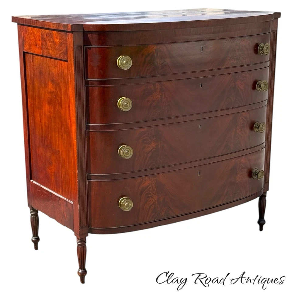 Antique Mahogany federal classical bow front chest drawers dresser reeded 1815 - Image 2 of 4