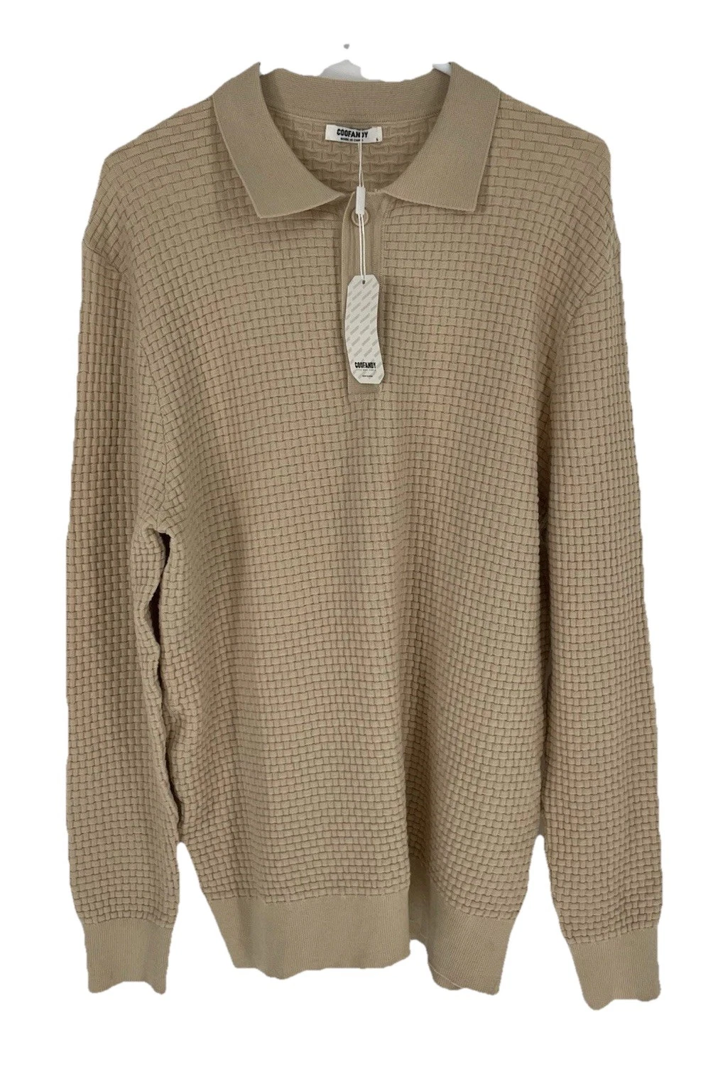 NWT COOFANDY Men's XL Beige Long Sleeve Knit Shirt Casual Three Button Shirt