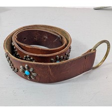 Western Brown Leather Studded Belt Turquoise Floral Inlay Brass O-Ring 322890-03