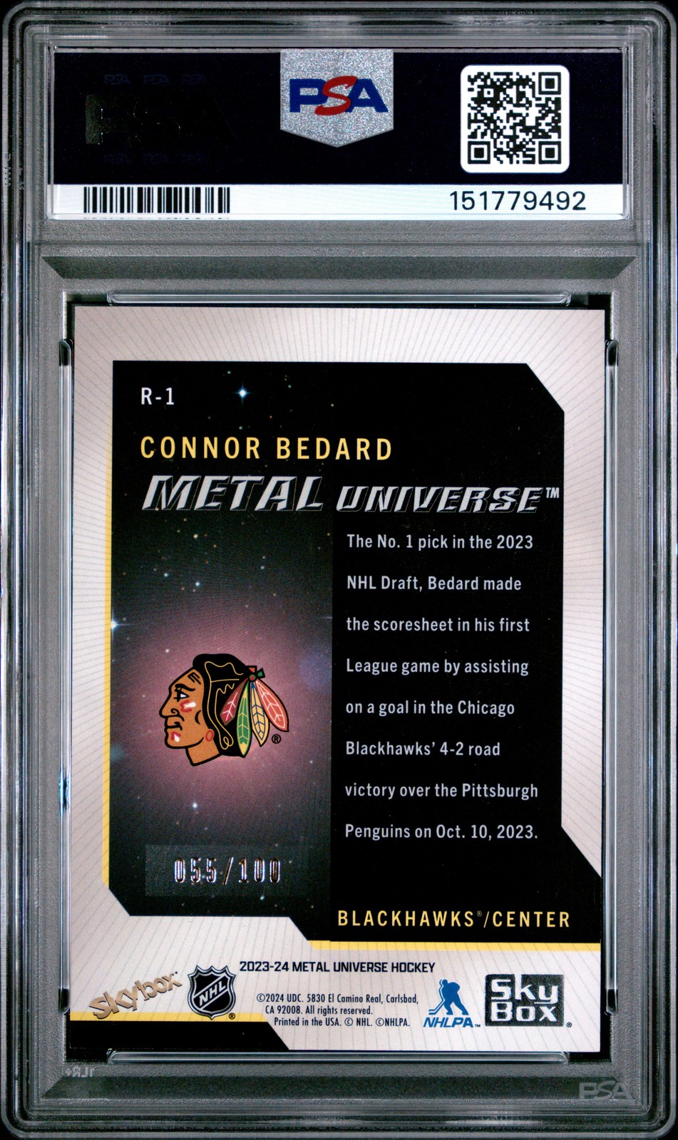 2023 SKYBOX METAL UNIVERSE 2008-09 ROOKIE RETROS #R1 CONNOR BEDARD 55/100 PSA 8 view 2