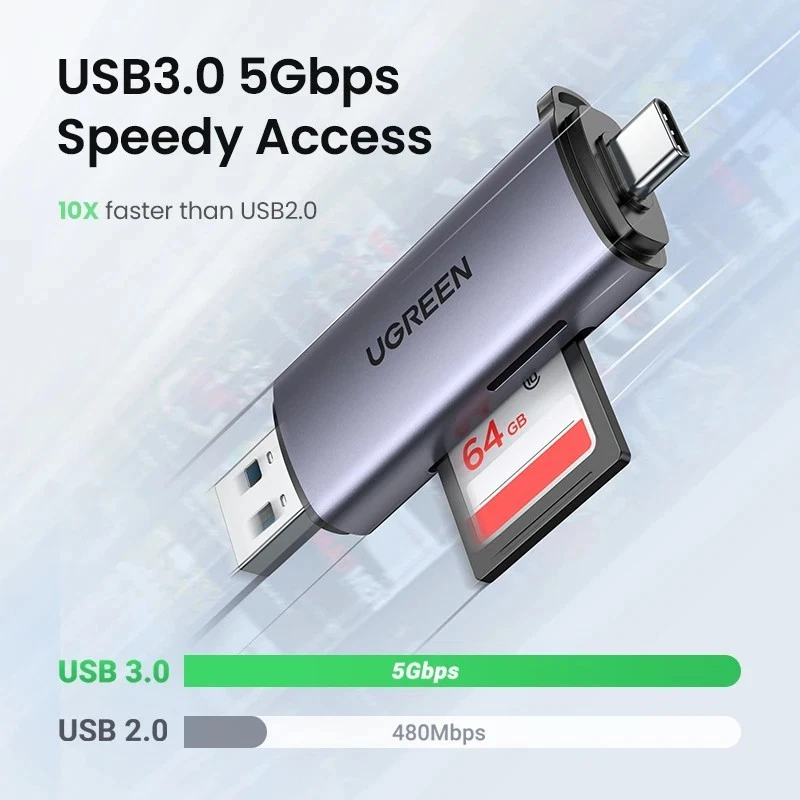 UGREEN Lettore schede SD/MicroSD USB-C + USB 3.0 5Gbps 2TB – Card Reader TB3 - Immagine 2 di 4