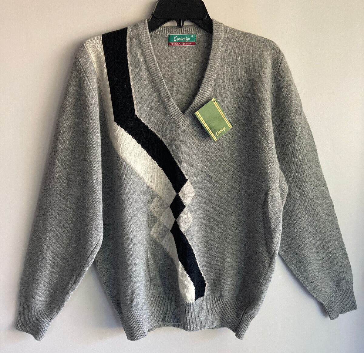 NWT Vtg CAMBRIDGE 100% lambswool pullover argyle sweater 46 L XL machine  washabl