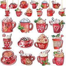 BBTO Pieces Christmas Hot Cocoa Wood Ornaments with Rope Christmas Hanging De...