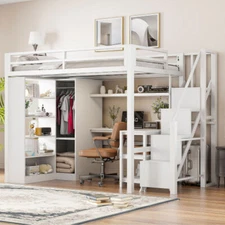 Twin Full Loft Bed with Desk Wardrobe Bookshelf Metal Kids Loft Bed with Stairs