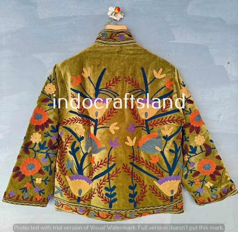 Velvet Suzani Embroidered jacket Floral Design With Cotton Lining Women Wear Gif - Image 4 of 4