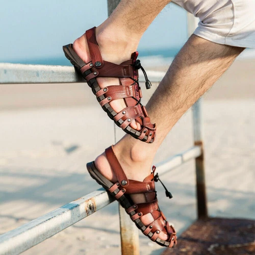Herren Leder Strandsandalen Sandaletten Schnürung Mode Trekking Sommer Schuhe DE - Bild 4 von 24