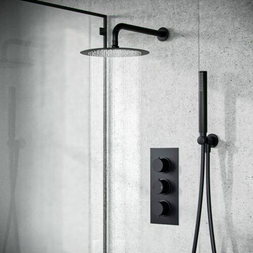 Round Black Matt Rainfall Shower Head and Hand Held Thermostatic Control |Temel - Picture 1 of 9